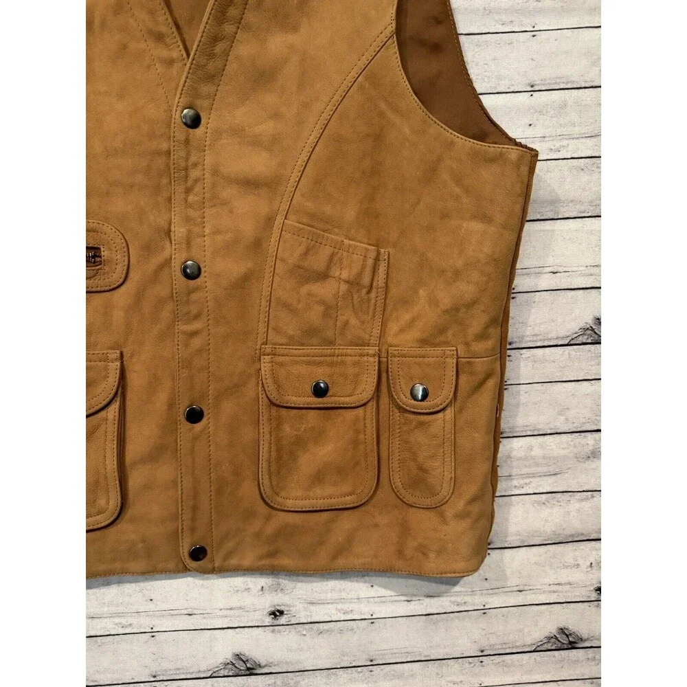 ORVIS Mens Leather Hunting Vest Sz M Safari Utility Snap Button Brown Vintage
